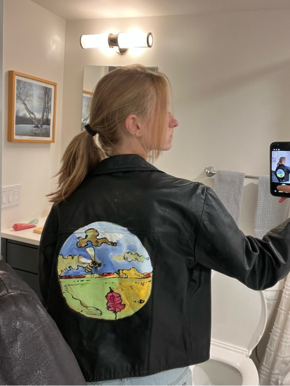 Hand-Painted Black Leather Jacket with Scenic Back Panel